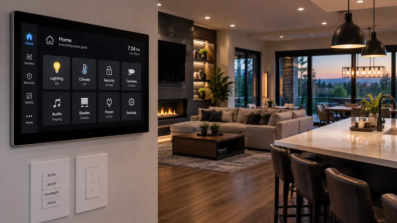 Smart home control panel managing lighting, climate, security, cameras, and audio