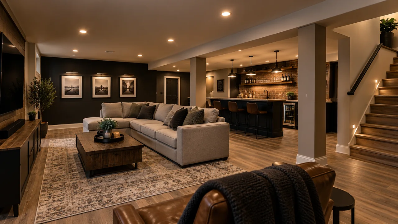 Finished basement with living area, custom bar, and recessed lighting