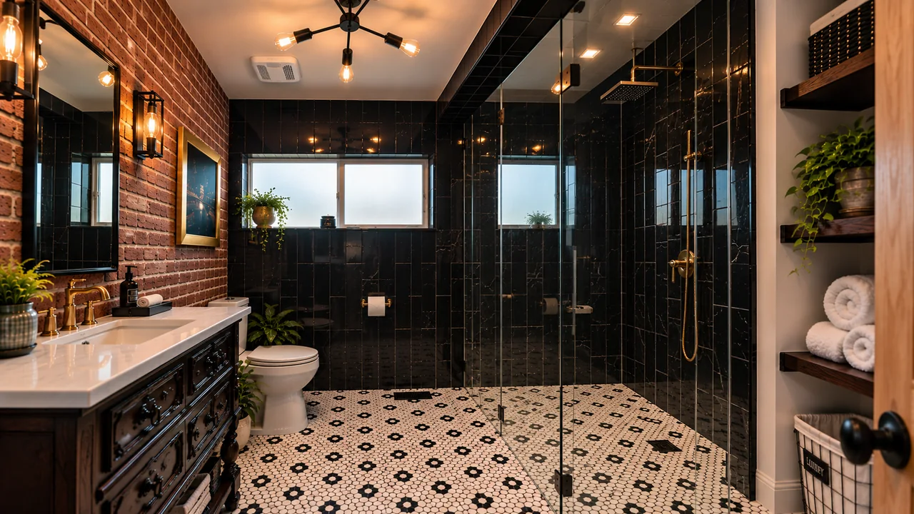 Modern bathroom remodel with glass shower, custom vanity, and exposed brick