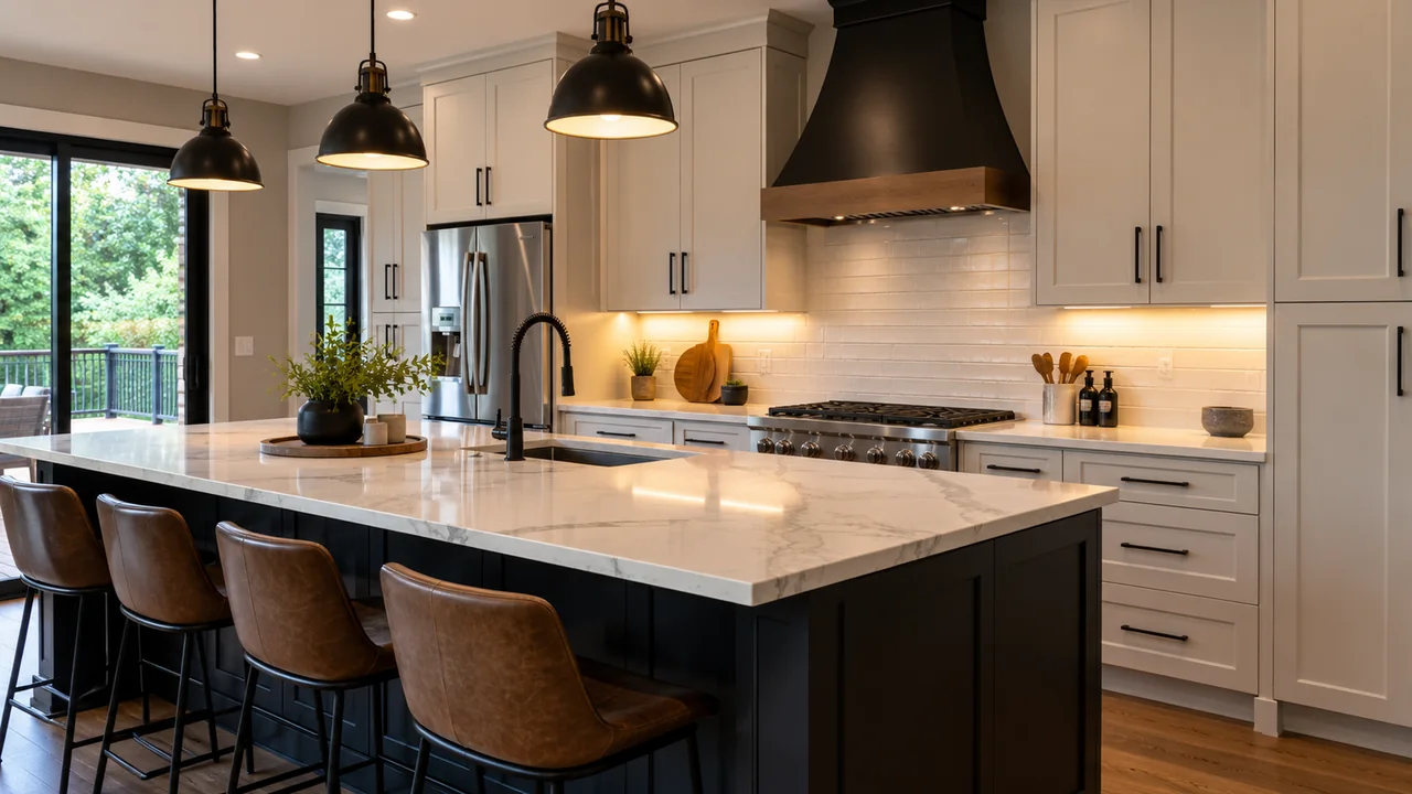 Modern kitchen remodeling with large island and custom cabinetry