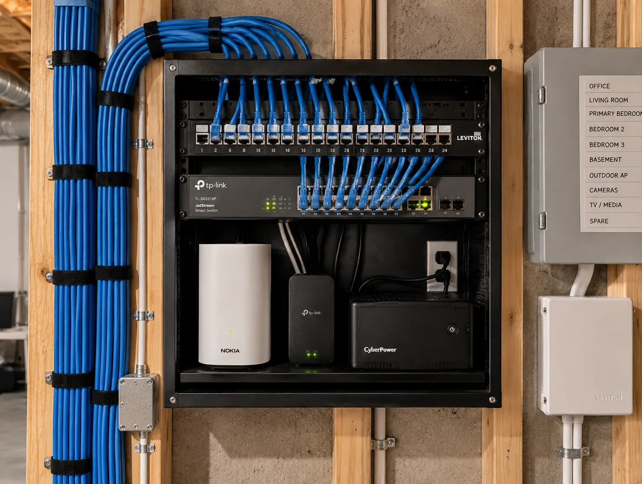 Whole-home Ethernet network installation with patch panel and network switch